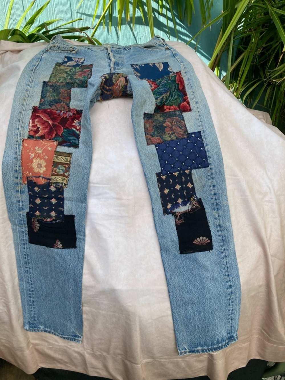 Levi's Light Wash Straight Leg Jeans with Multicolor Patchwork. Vintage 80’s